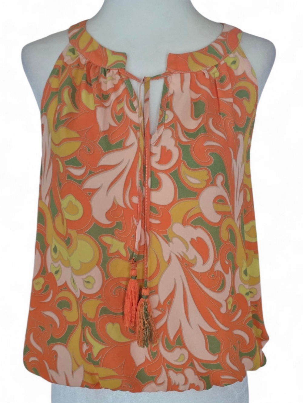 Rose + Olive Sleeveless Orange Multi-Print Tie-Neck Women's Top